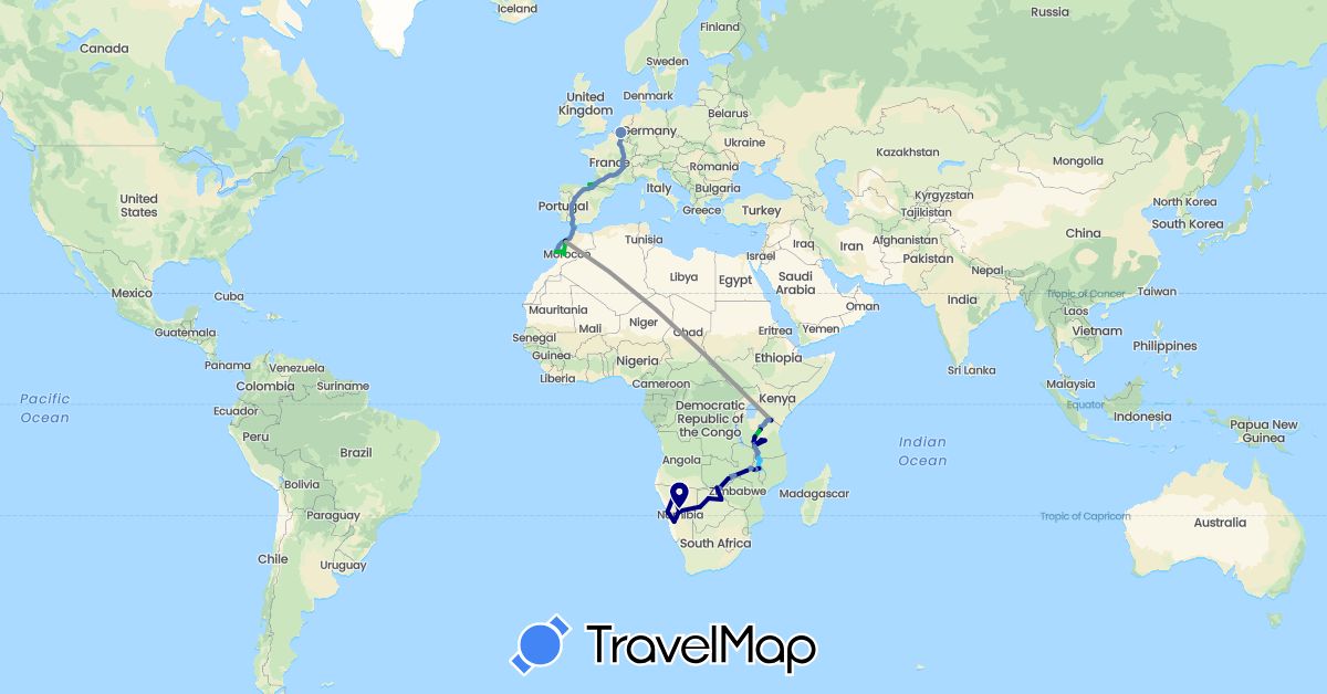 TravelMap itinerary: driving, bus, plane, cycling, hiking, boat in Belgium, Botswana, Spain, France, Morocco, Malawi, Namibia, Tanzania, Zambia (Africa, Europe)